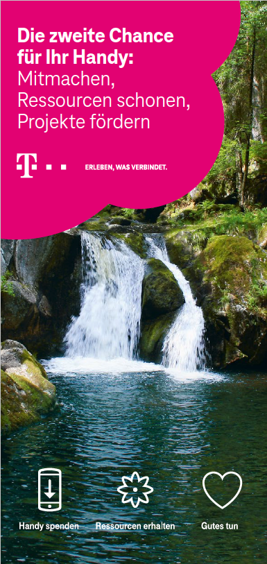 Flyer Handysammelcenter Titelseite Flyer Handysammelcenter, Wasserfall,otiv mit Aufruf zum Handysammeln